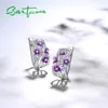 SANTUZZA Silver Earrings For Women Genuine 925 Sterling Silver Delicate Charming Purple Flower Fine Jewelry Handmade Enamel CX200624