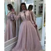 Elegancka linia Arabski Dubaj Prom Dresses Wysokiej szyi Długie Rękawy 3d Kwiat Koralik Formalna Wear Floor Długość Szyfonowa Suknia Wieczorowa