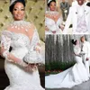 Afrikanische Meerjungfrau-Hochzeitskleider in Übergröße, afrikanisches Arabisch, Stehkragen, lange Ärmel, Spitze, Perlen, Hofzug, luxuriöse Brautkleider
