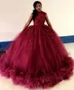 2019 New Arrival Burgundy Quinceanera Ball Gown Dresses Jewel Neck Cap Sleeves Lace Appliques Beads Puffy Tulle Party Prom Evening Gowns