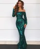 Musujące arabski Off Ramię Mermaid Prom Dresses 2021 Wzór Koronki Cekiny Aplikacja Długie Rękawy Formalne Suknie Wieczorowe Dress