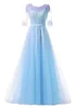 Light Sky Blue Blue Plow-Bridesmaid Платья платья Tulle Main of Coit с аппликацией A-Line половина рукава почетные свадебные платья для сада