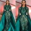 2020 Emerald Green Long Sleeves Mermaid Evening Dress with Detachable Train Abaya Kaftan Dubai Muslim Prom Dress robe de soiree BC2230