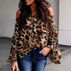 Elegant Leopard Flare Ärm Kvinnor Blusas Skjorta Slash Neck Långärmad Chiffon Blouse Ladies Loose Blouse Toppkvalitet
