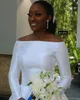 New Design White Church Long Sleeve Wedding Dresses Vintage Beteau Neckline Satin Sweep Train Formal Bridal Gowns African Vestidos De Novia 0430