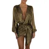 13 Colors Sparkly Metallic Irregular Draped Dress Women Sexy Deep V-neck Long Sleeve Vestido Elegant Bandage Wrap Mini Dress