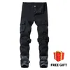 Patchwork Denim jean hommes crayon pantalon coupe ajustée motard jean maigre décontracté survêtement grande poche latérale Hip Hop noir Cargo pantalon 210U