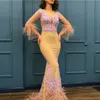 Robe de bal de sirène jaune clair pure manches longues en dentelle Appliques et soirée de plumes Dres queue de poisson Arabie femmes robe de soirée s