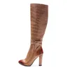 Vente chaude-nouvelles bottes de mode bout pointu talon épais motif de pierre brune talons hauts hiver femmes bottes hautes femmes romaines chaussures