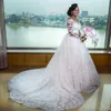 Sexy African A Line Wedding Dresses Scoop Neck Illusion Full Lace Pearls Beaded Long Sleeves Chapel Train Ball Gown Formal Bridal Gowns