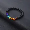 Csja 8mm damer män naturliga svarta lava rock pärlor 7 chakra armband behandling energi sten meditation pärla sten ponny armband