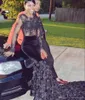 African Mermaid Prom Dresses Black Girls See Though Long Sleeve 3D Rose Flowers Beaded Velvet Lace Applique Court Train Party Evening Gowns