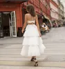 빈티지 발목 길이 짧은 웨딩 드레스 2020 피곤한 튤 스커트 새틴 신부 드레스 작은 흰색 드레스 차 길이 신부 가운 맞춤