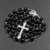 7 colors Religious Catholic Rosary Necklaces Jesus cross pendant Long 8MM Bead chains For women Men Christian Jewelry Gift