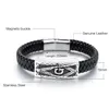 Punk Black Real Leather Freemason Mason Symbols Link Chain Armband Högkvalitativ Fashion Men's 316L Rostfritt stål Masonic Bangle Armband Smycken