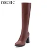 Ymechic 2018 Women Winter Buty Brązowy czarny, masywny blok wysokie obcasy Ladys Long Pu Riding Motorcycle Boots Plus Size