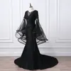 2019 Czarny Organza Syrenka Suknia Wieczorowa Długie Rękawy Koraliki Ruched Party Dress Glamorous Dubai Moda Sweep Pociąg V Neck Prom Dress