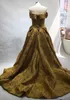 New Gold Lace Pattern Evening Formal Dresses Modest Off Shoulder Sexy Split Sweep Train Dubai Arabic Occasion Prom Gown