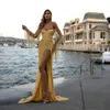 Gold Mermaid Abendkleider Pailletten Quaste Perlen sexy High Side Split split sply prom dress Sweep Zug maßgeschneiderte formale Anlasskleider