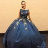 새로운 골드 아플리케 진한 파란색 Quinceanera Quinces for Juicors Sweet 16 Vestidos de 15 Anos 공 가운 댄스 파티 이브닝 ​​드레스 공식적인 착용