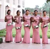 2019 New African Bridesmaid Dresses Pink Mermaid Sheer Neck Off Shoulder Satin Lace Appliques Party Wedding Guest Dress Maid of Honor Gowns