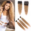 # 1b 27 Ombre menselijk haar bundels met sluiting kinky krullend ombre honing blonde kant sluiting met weefsels donker root ombre hair extensions