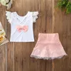 2019 Sommer neue Kindermode Mädchen Anzug Explosion Modelle Spitze weißen Kurzarm Halfter Bogen T-Shirt + rosa Rock Anzug