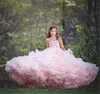 淡いピンクの花の女の子の服の結婚式vネックフリルのアップリケパフィシーチュールファースト聖体拝領ドレス女の子Pageantガウン