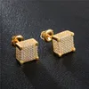 Mens Hip Hop Stud Earrings Jewelry New Fashion Yellow Gold Plated Zircon Diamond Square Earrings For Men