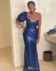 Royal Arfrica Style Blue Prom Mermaid Aso Ebi One Shoulder Sexy Lace Sequined Short Sleeve Formal Evening Dresses Custom Made