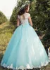 Blush Rosa Blue Blue Flower Girl Abiti gioiello Illusione Appliqued Tulle Girl Pageant Dress per la festa di nozze