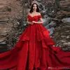2020 Red Layers Tiered Lace Applique A Line Evening Dresses Off The Shoulder Arabic Chapel Train Bridal Party Gowns Luxury BC0730