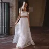 2020 Beach Wedding Dresses Two Piece Capped Sleeves Lace Appliqued Tulle Floor Length Wedding Bridal Gown Custom Made vestido de novia