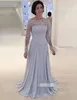 Sleeves Newest Long Mother of Bride Dresses Illusion Chic Lace Applique Bateau Neckline Sweep Train Chiffon Plus Size Evening Gown