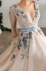 2020 Elegant Prom Dresses Lace 3D Floral Appliqued Side Split Evening Dress A Line V Neck Custom Made Special Occasion Gowns