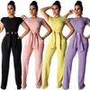 Wholesale Women Rib Two Piece Pants Sets Slim Short Sleeve Crop Top High Waist Wide Leg Long Pants with Belt