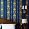Luksusowe Damask Winyl Wallpaper Dark Blue Stripe PVC Papier Papier Roll Wodoodporna Pokrywa Ścienna Salon Sypialnia Wystrój Domu