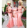 O-Neck Syrenka Koronki Długie Druhna Dresses Slim 2020 Skromny Dostosowany Honor pokojówki Tanie Sweep Pociąg Długiego Stylu Afryki