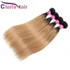 Vald Blond Färgad Malaysisk Virgin Human Hair Weave Bundlar Blandade 3PCs Dark Roots 1B 27 Silky Rak Honey Blonde Ombre Extensions