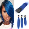 Ombre brasiliane blu scuro capelli umani 3 offerte con chiusura in pizzo dritto # 1B / Ombre blu 4x4 con trame di capelli vergini
