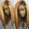 13X4 Honey Blonde Lace Front Human Hair Wigs T1B/27 Brazilian 130 Remy Hair Short Bob Wig Black Root Bleached Knots Medium Ratio