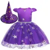 Girl Halloween Dresses Ruffle Gauze Stars Pearl Bow Sash Cosplay Dress With Witch Hat Kids Designer Clothes Girls Baby Girl Dresses RRA1938