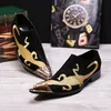 Formal Gold Italian New Embroidery Men Designer Dress Black Real Leather Party Brogue Shoes Plus Size 38-47 5161