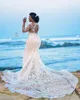 2020 Luxe Kant Mermaid Trouwjurken Sheer Jewel Neck Lange Mouwen Beaded Beach Plus Size Bruiloft Bruidsjurken Roosters De Mariée