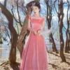 2020 Pink A-line Elegant Evening Dresses Jewel Long Sleeve Lace Satin Bridal Gown Sweep Train Custom Made Formal Party Gown