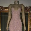 반짝이는 핑크색 스팽글 이브닝 드레스 섹시한 스파게티 스트랩 V 목 Backless Prom 파티 가운 인어 스윕 기차 여성 두 번째 리셉션 드레스 AL2931