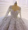 Vintage Sequined Lace Appliqued Ball Gown Wedding Dresses Luxury Scoop Neck Long Sleeves Saudi Dubai Arabic Plus Size Bridal Gowns CPH048