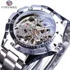 Forsining 2018 Silver Stainless Steel Gear Case Golden Skeleton Clock Men039s Mechanical Watches Top Brand Luxury Luminous Hand9319090