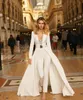 White Jumpsuits Evening Dresses with Jacket 2020 Arabic Long Sleeves Satin Prom Gowns Sexy Formal Party Bridesmaid Pageant Wear