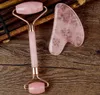 Rodillo de Jade de cristal rosa Natural, rodillo de masaje de cuarzo rosa de doble cabeza, masajeador Facial de piedra Real, juego de herramientas de raspado Guasha con caja